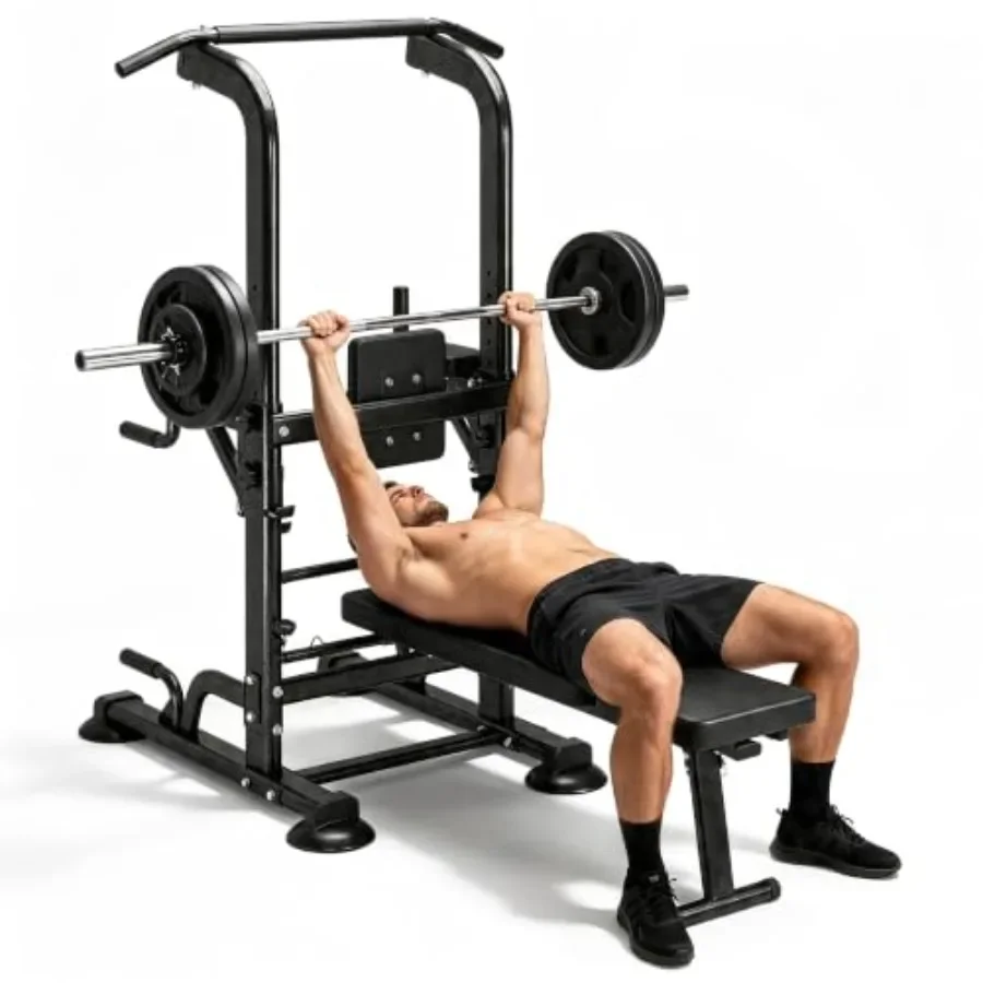 Pull Up Bar - ชุดอุปกรณ์บาร์โหนและม้านั่งยกน้ำหนักแบบพับได้ สำหรับใช้ในยิมที่บ้าน โครงสร้างเหล็ก ผิวสีดำ ประหยัดพื้นที่