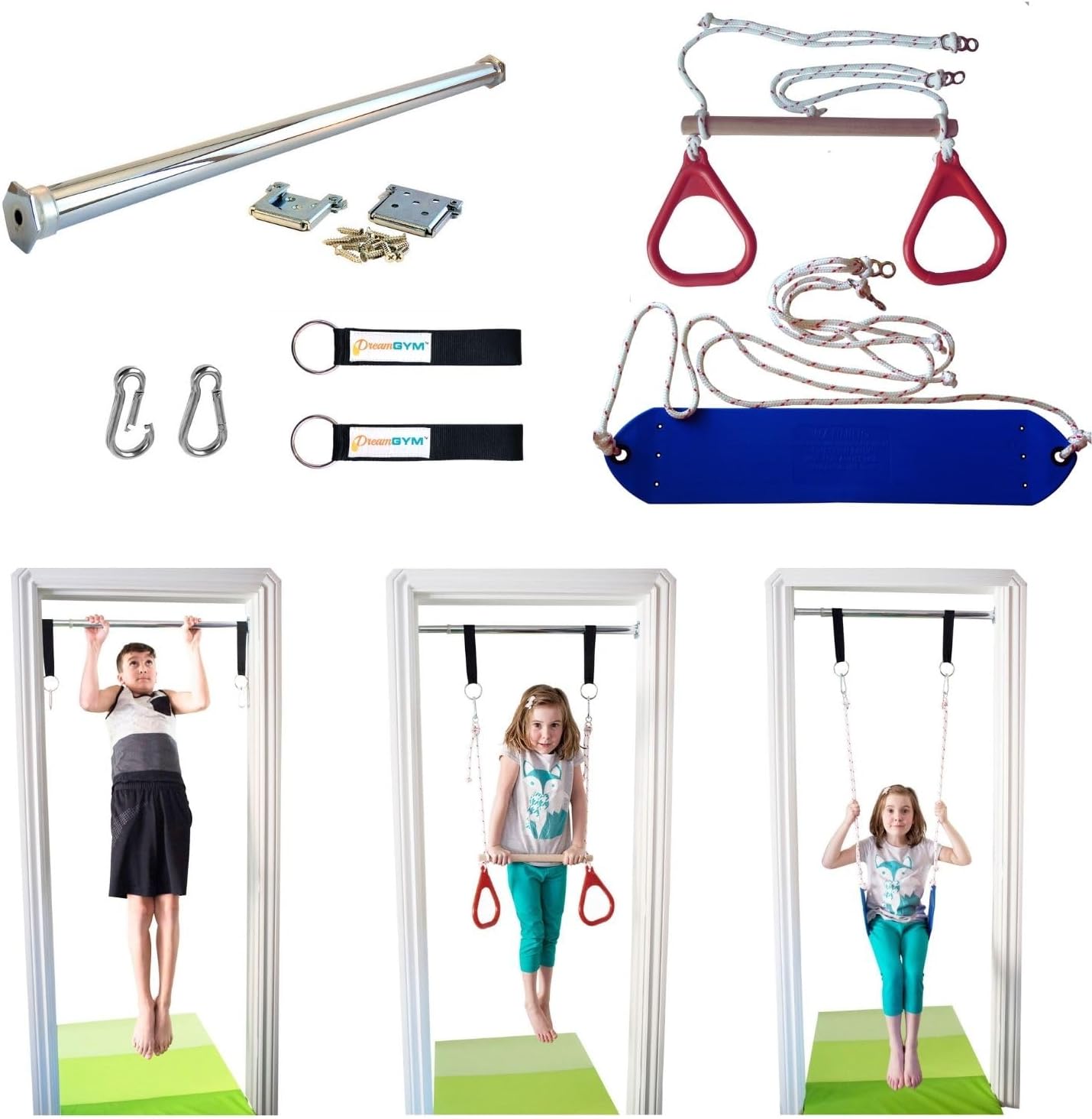 Gymnastic Ring - ชุดชิงช้าสำหรับเด็ก ใช้ในร่ม ติดตั้งบริเวณประตู – ประกอบด้วยชิงช้าเชือกแบบคลาสสิก, บาร์สำหรับฝึกท่าแทรพีซ