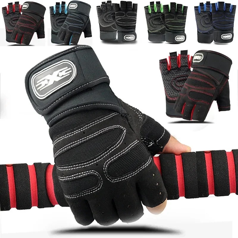 Weightlifting Gloves - ถุงมือออกกำลังกายแบบไม่มีนิ้วสำหรับผู้ชายและผู้หญิง พร้อมสายรัดข้อมือยาว ป้องกันการลื่น ถุงมือกีฬาสำหรับฟิตเนส ยกน้ำหนัก ปั่นจักรยาน