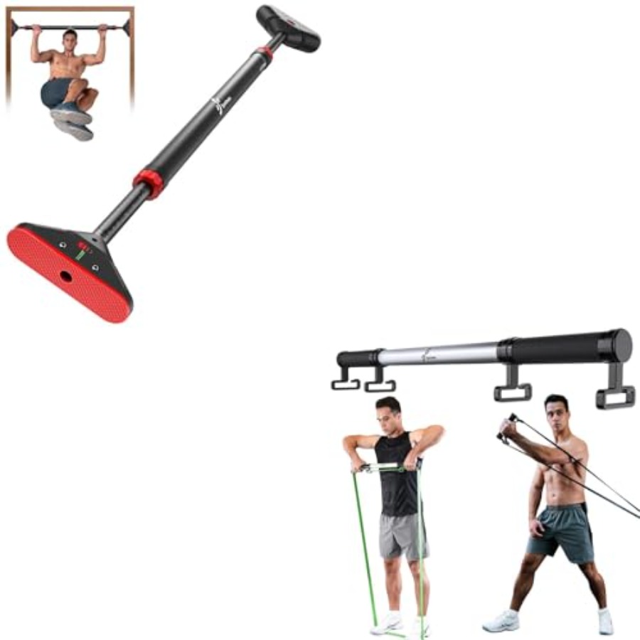 Pull Up Bar - บาร์ดึงข้อสำหรับฝึกความแข็งแรงที่ประตูบ้าน พร้อมสายรัดออกกำลังกายและด้ามจับที่ถอดออกได้ ใช้ได้กับสายรัดออกกำลังกายทุกชนิด ไม่ต้องใช้สกรู