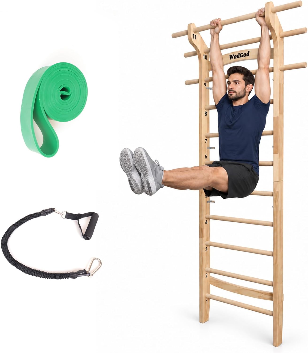 Pull Up Bar - บาร์โหนแบบบันไดสวีเดนไม้ พร้อมแกน 11 แกน ติดตั้งบนผนัง รับน้ำหนักได้สูงสุด